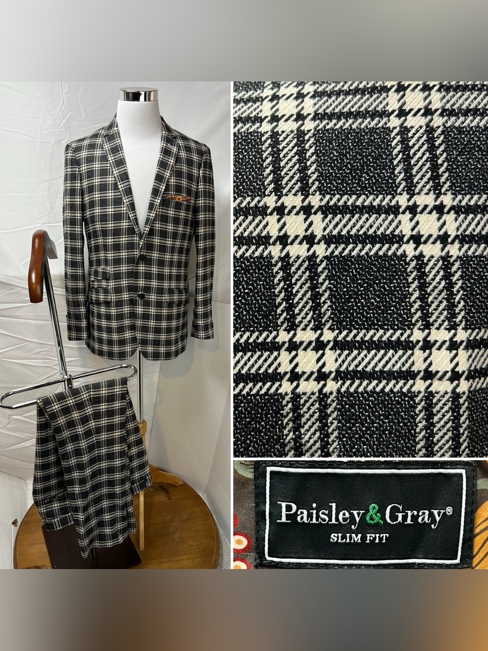 Paisley & Gray Men’s 42R Blazer 36W X 32L Pants Plaid Slim Fit Gray 2-Piece Suit